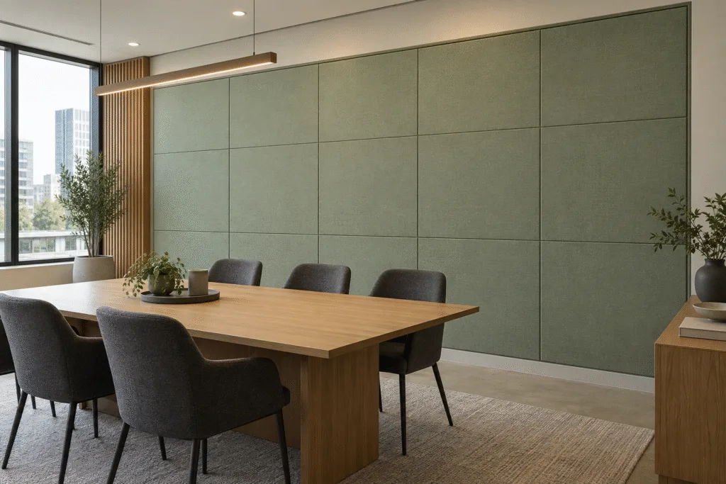 Sage-green rectangular acoustic panels with visible modular joints behind an oak meeting table and charcoal chairs