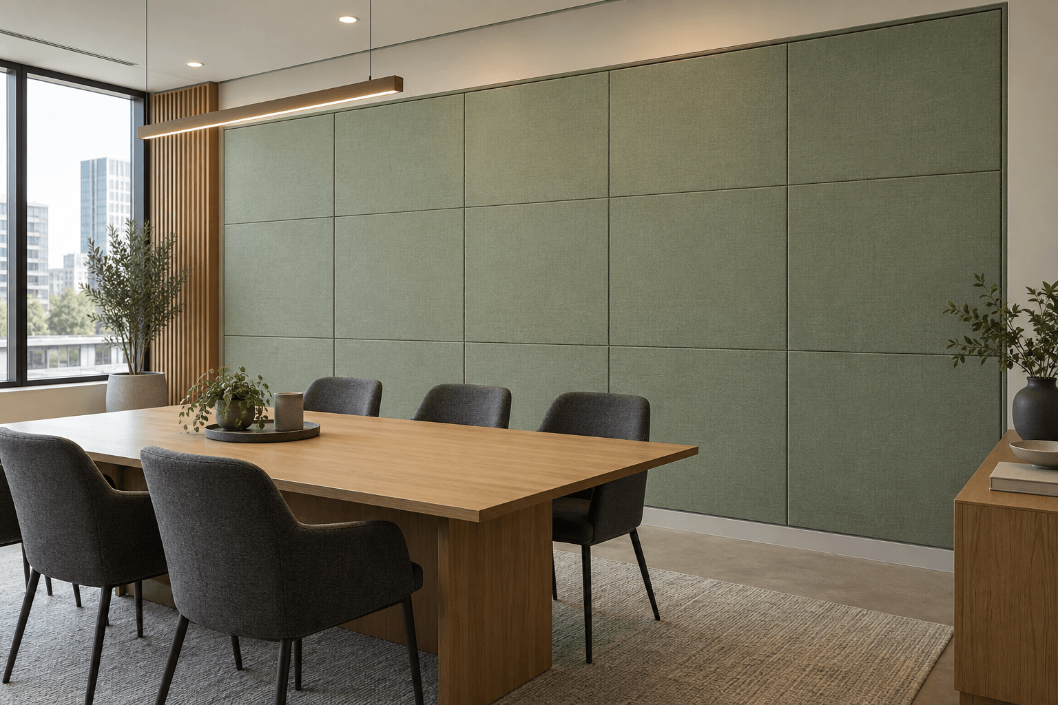 Sage-green rectangular acoustic panels with visible modular joints behind an oak meeting table and charcoal chairs