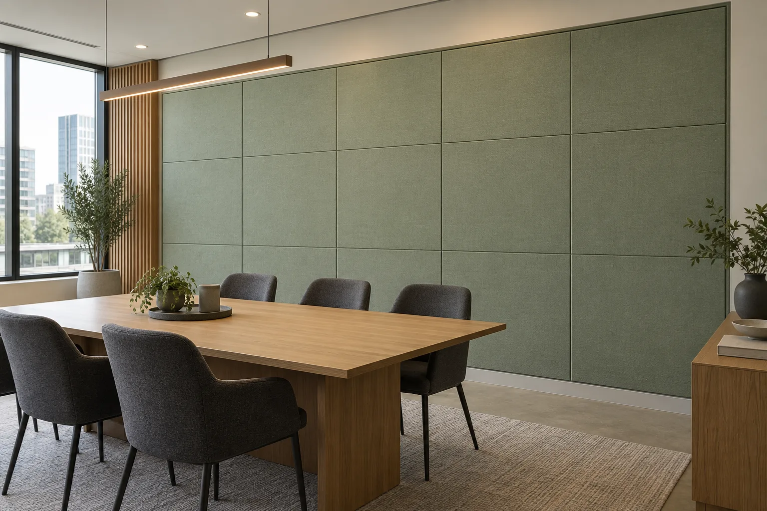 Sage-green rectangular acoustic panels with visible modular joints behind an oak meeting table and charcoal chairs