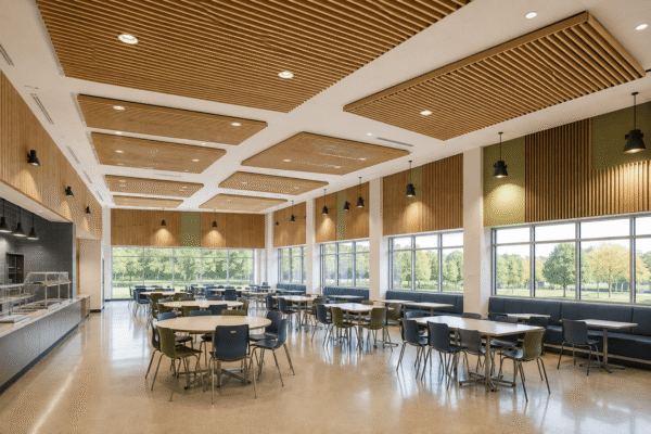 Acoustic panels installed in a finished school cafeteria dining space