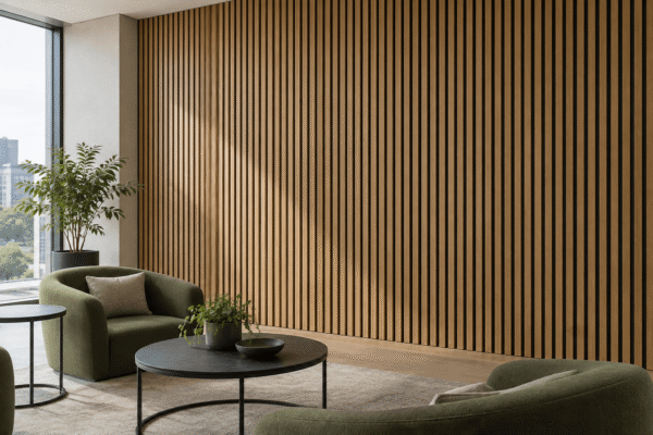 Oak-look slatted acoustic panels with dark backing in a hotel business lounge.