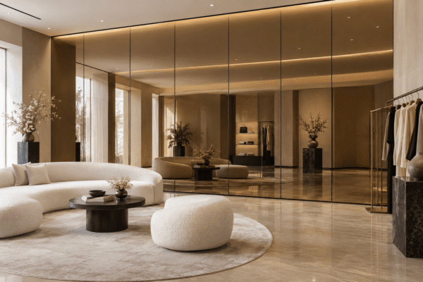Champagne-bronze reflective bamboo charcoal decorative wall panels in a furnished retail lounge