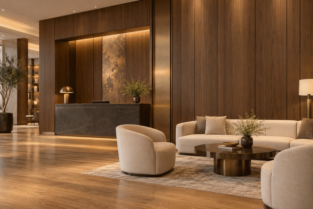 Smooth walnut-look bamboo charcoal panels with vertical joints and a recessed reception niche beside cream lounge seating