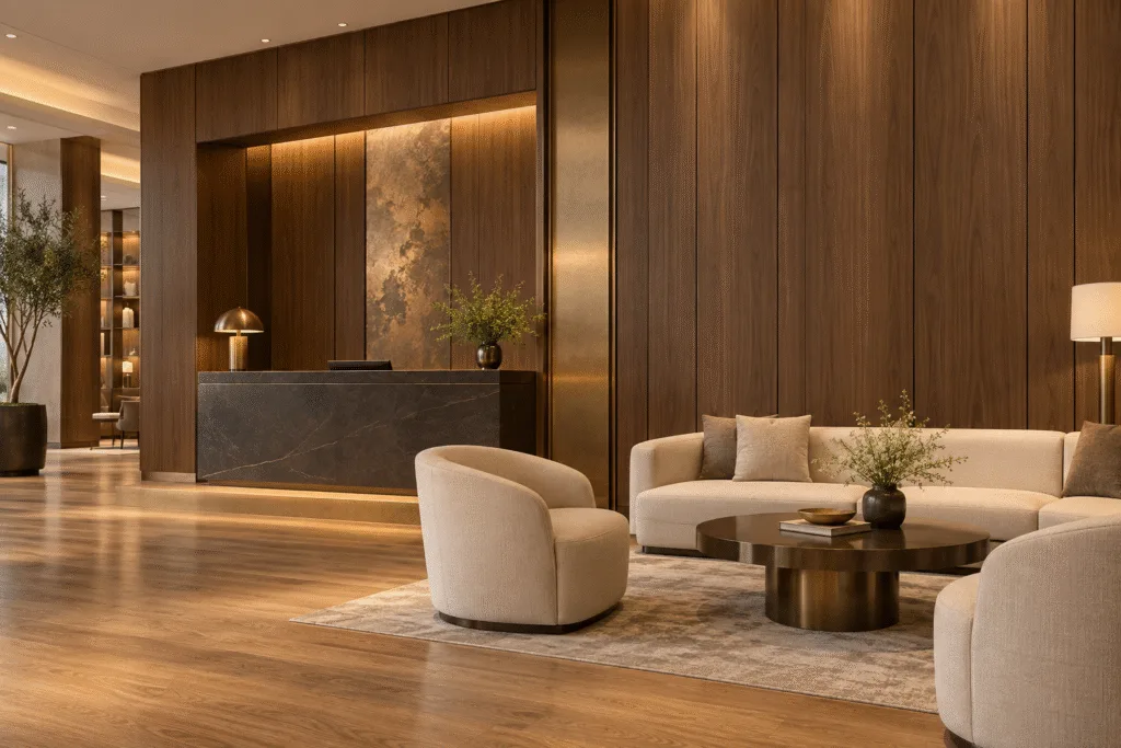 Smooth walnut-look bamboo charcoal panels with vertical joints and a recessed reception niche beside cream lounge seating