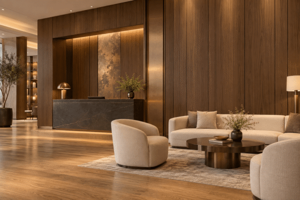 Smooth walnut-look bamboo charcoal panels with vertical joints and a recessed reception niche beside cream lounge seating
