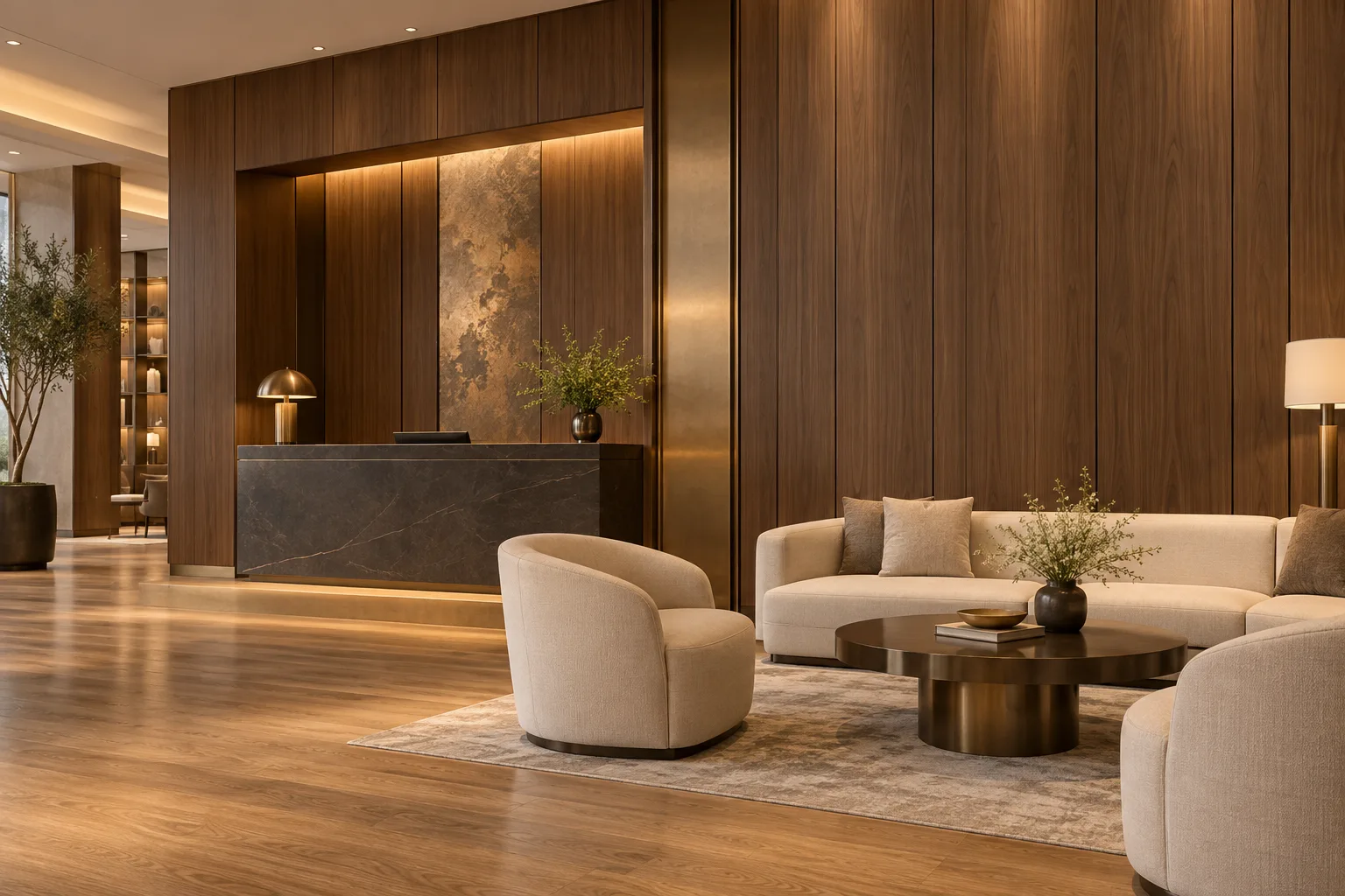 Smooth walnut-look bamboo charcoal panels with vertical joints and a recessed reception niche beside cream lounge seating