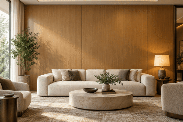 Smooth wood-grain bamboo charcoal wall panels behind a cream hotel lounge sofa with daylight and a warm table lamp