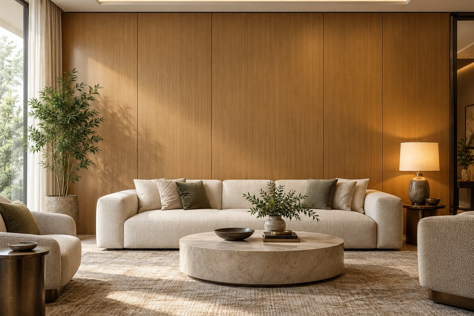 Smooth wood-grain bamboo charcoal wall panels behind a cream hotel lounge sofa with daylight and a warm table lamp