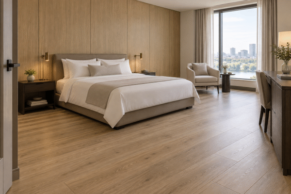 Finished Hotel Room with Wood-Look Floor and Decorative Wall Panels Wood-look SPC flooring and smooth oak-look bamboo charcoal headboard wall panels in a furnished hotel guestroom