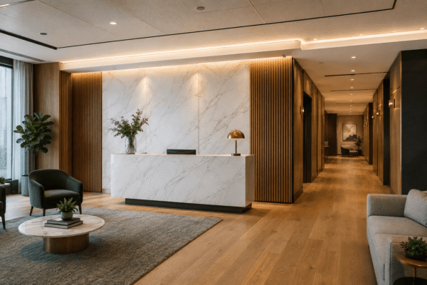 Decorative building materials coordinated in a finished commercial interior