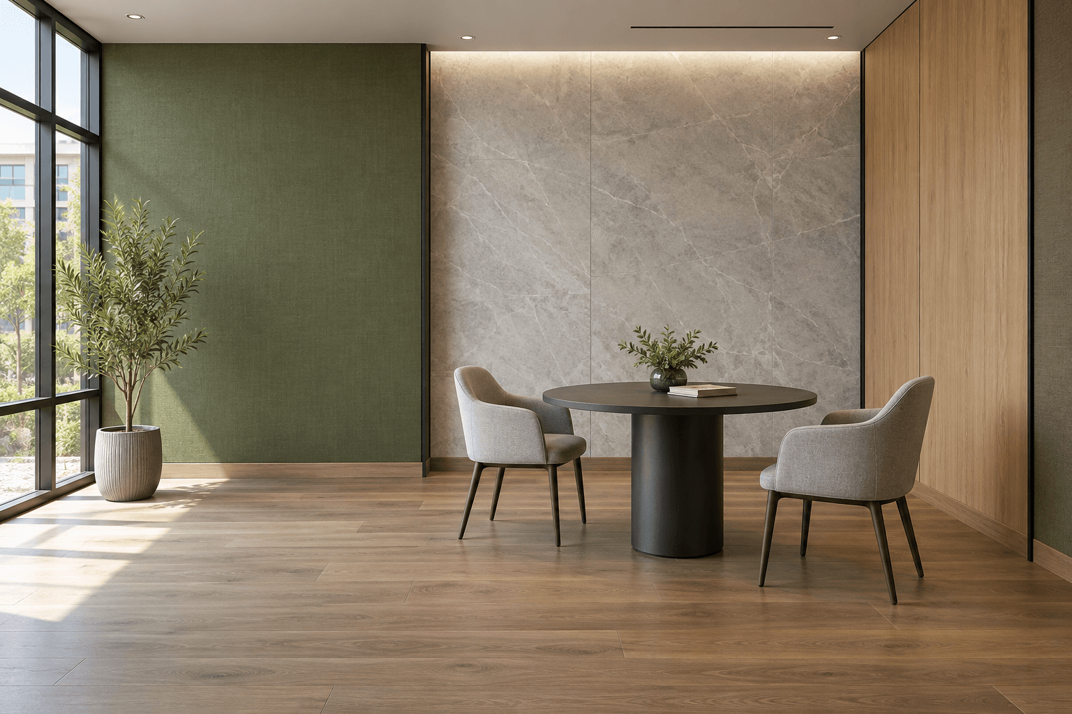 Decorative building materials in a showroom with green, marble-look and oak-look wall finishes.