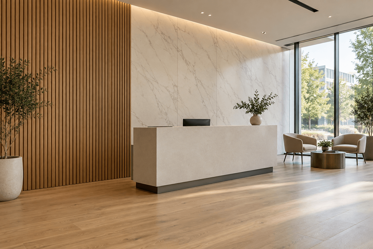 Fluted wood-look wall panels, an ivory marble-look backdrop and light oak-look plank flooring in a furnished office reception