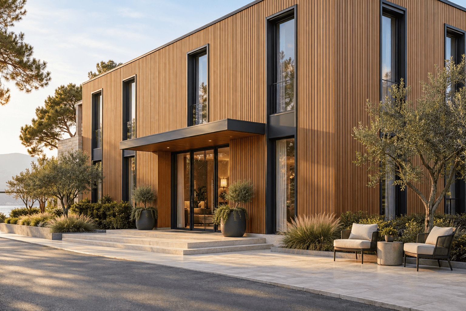 Warm wood-look outdoor WPC wall panels cover a finished hotel facade with tall dark-framed windows and a glazed entrance