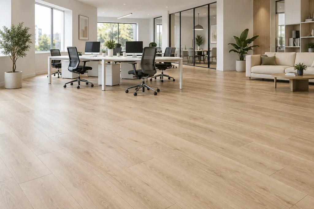 Pale oak-look SPC flooring across a finished open-plan office with desks and chairs at the far end