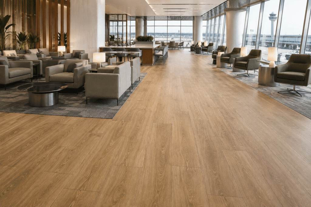 Wood look SPC flooring installed in a finished airport passenger lounge