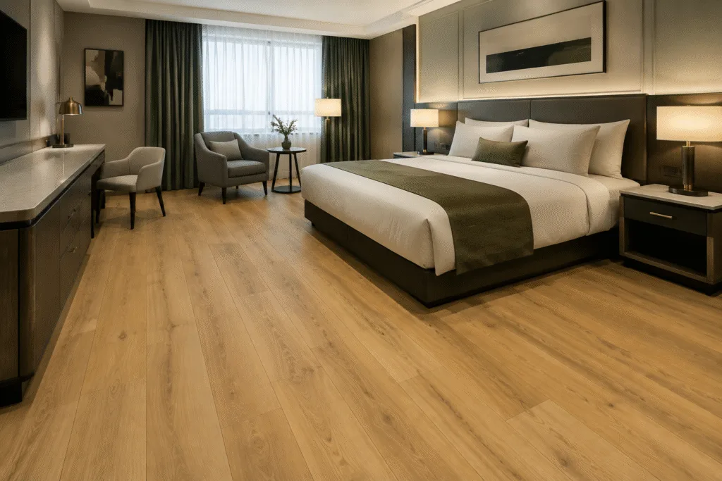 SPC flooring installed in a finished renovated hotel guestroom