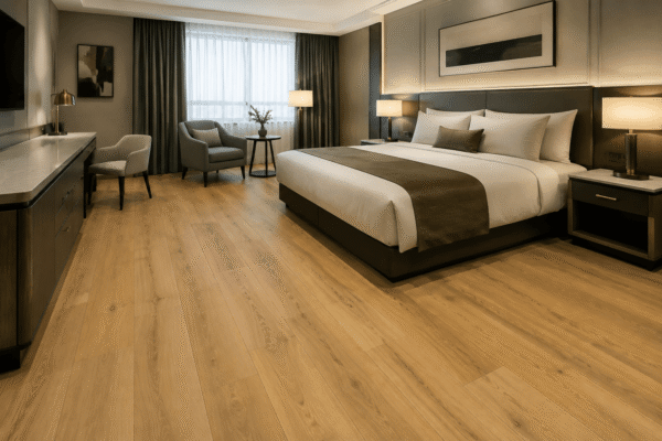 SPC flooring installed in a finished renovated hotel guestroom