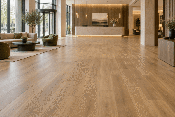 Warm oak-look SPC plank flooring across a completed hotel lobby with a reception counter and furnished seating area