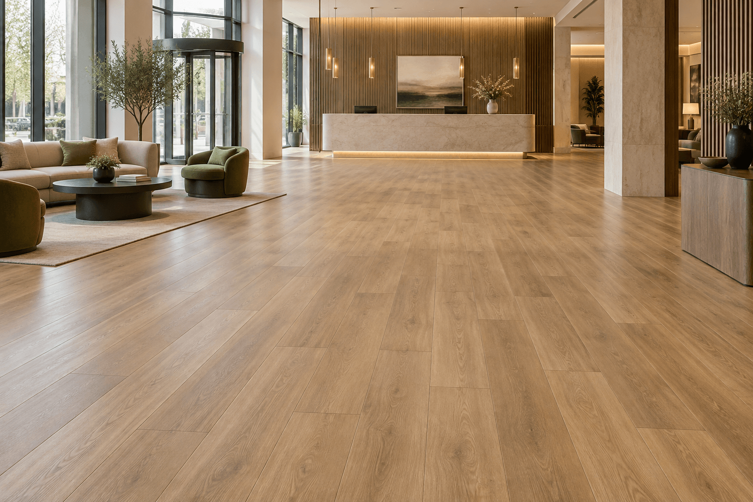 Warm oak-look SPC plank flooring across a completed hotel lobby with a reception counter and furnished seating area