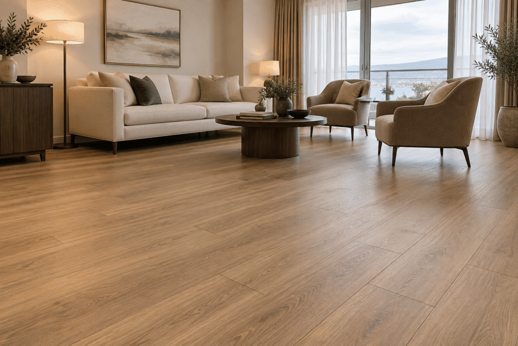 Warm oak-look SPC plank flooring across a finished hotel suite living room with a cream sofa and taupe lounge chairs