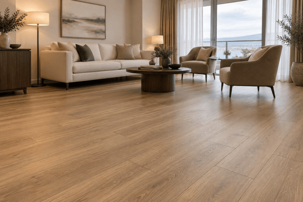 Oak-Look SPC Flooring in a Hotel Suite Living Room Warm oak-look SPC plank flooring across a finished hotel suite living room with a cream sofa and taupe lounge chairs