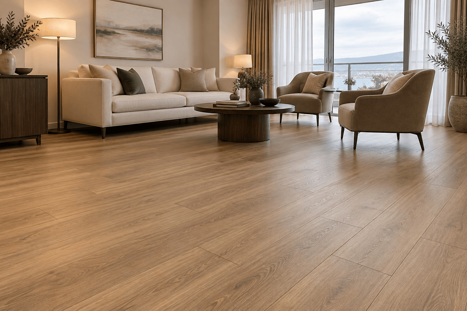 Warm oak-look SPC plank flooring across a finished hotel suite living room with a cream sofa and taupe lounge chairs