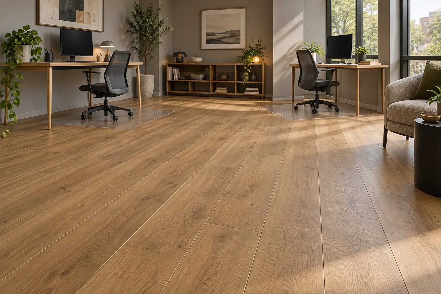 Warm oak-look SPC plank flooring in a finished shared office with two castor chairs and flat transparent protective mats