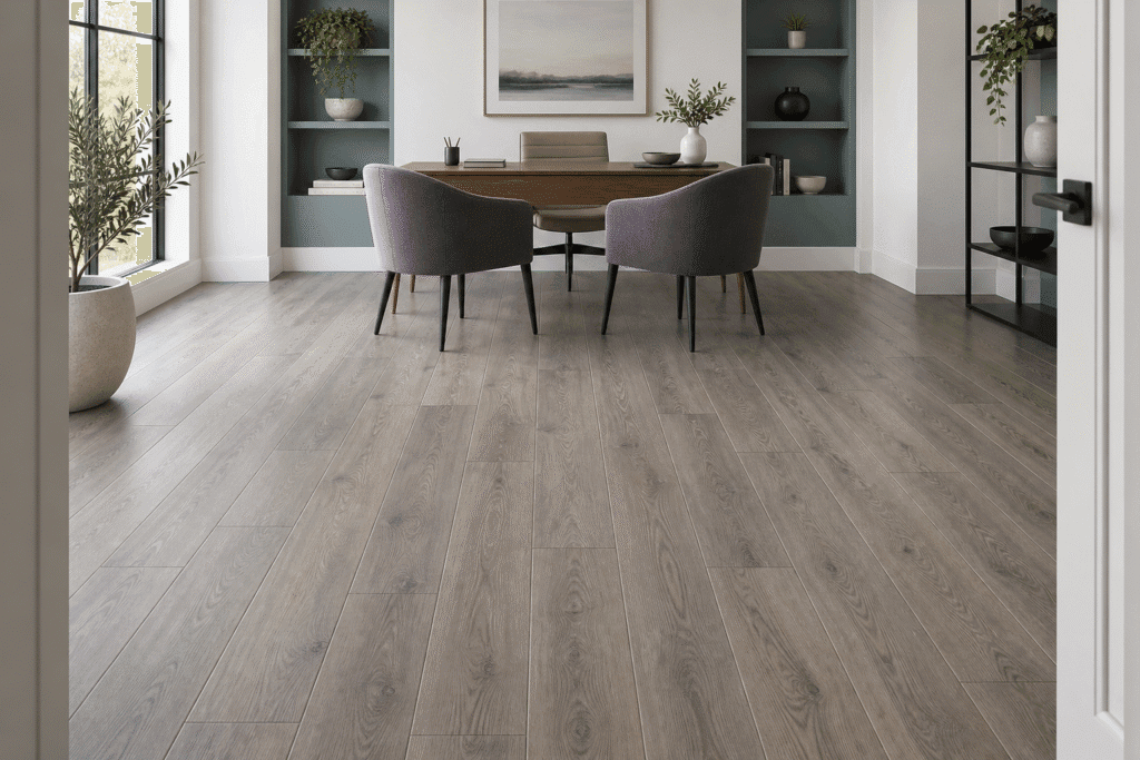 Gray oak-look SPC flooring in a finished commercial consultation room.