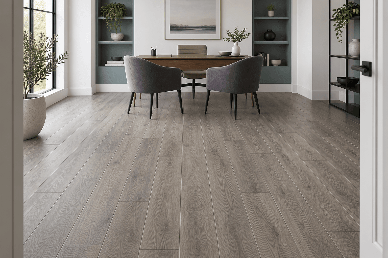 Gray oak-look SPC flooring in a finished commercial consultation room.