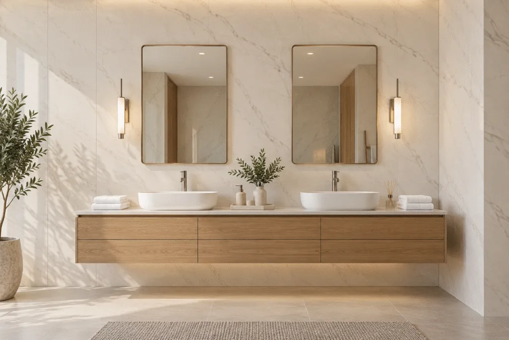 Pale marble-look SPC wall panels behind a double vanity with oak cabinetry and two mirrors in a finished bathroom