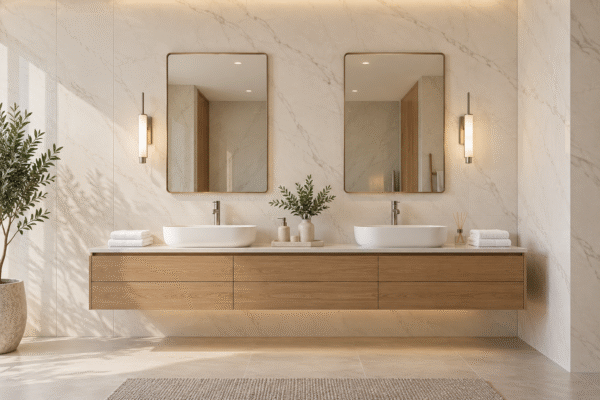 Pale marble-look SPC wall panels behind a double vanity with oak cabinetry and two mirrors in a finished bathroom