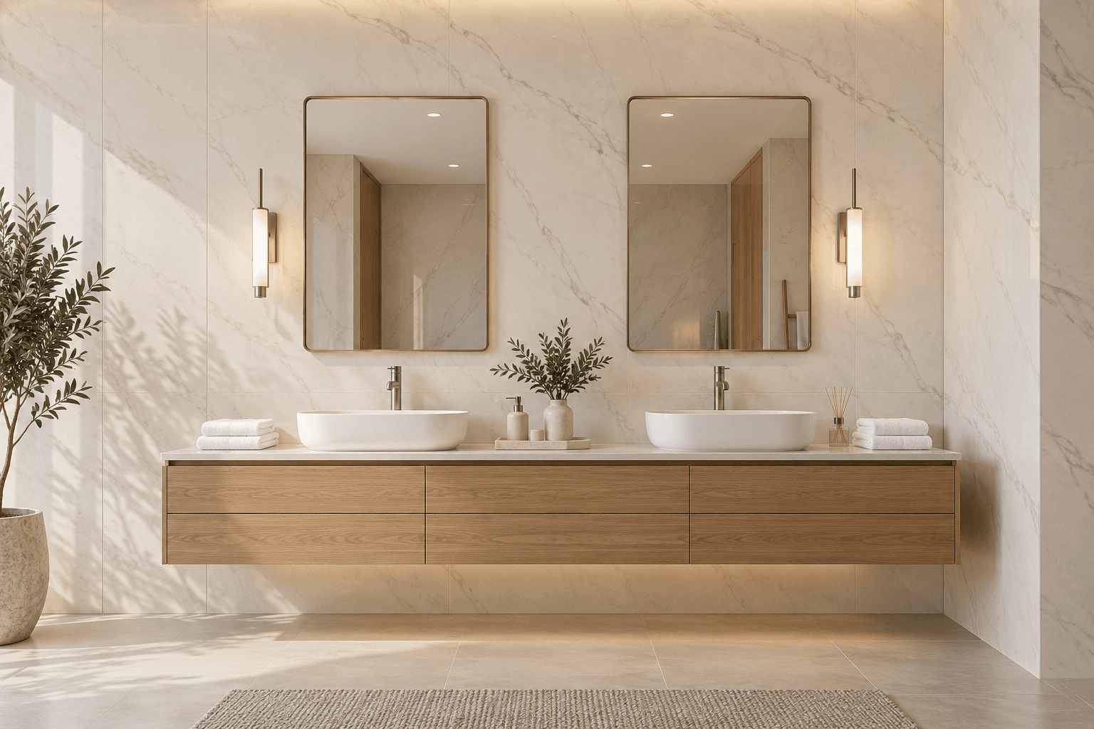 Pale marble-look SPC wall panels behind a double vanity with oak cabinetry and two mirrors in a finished bathroom