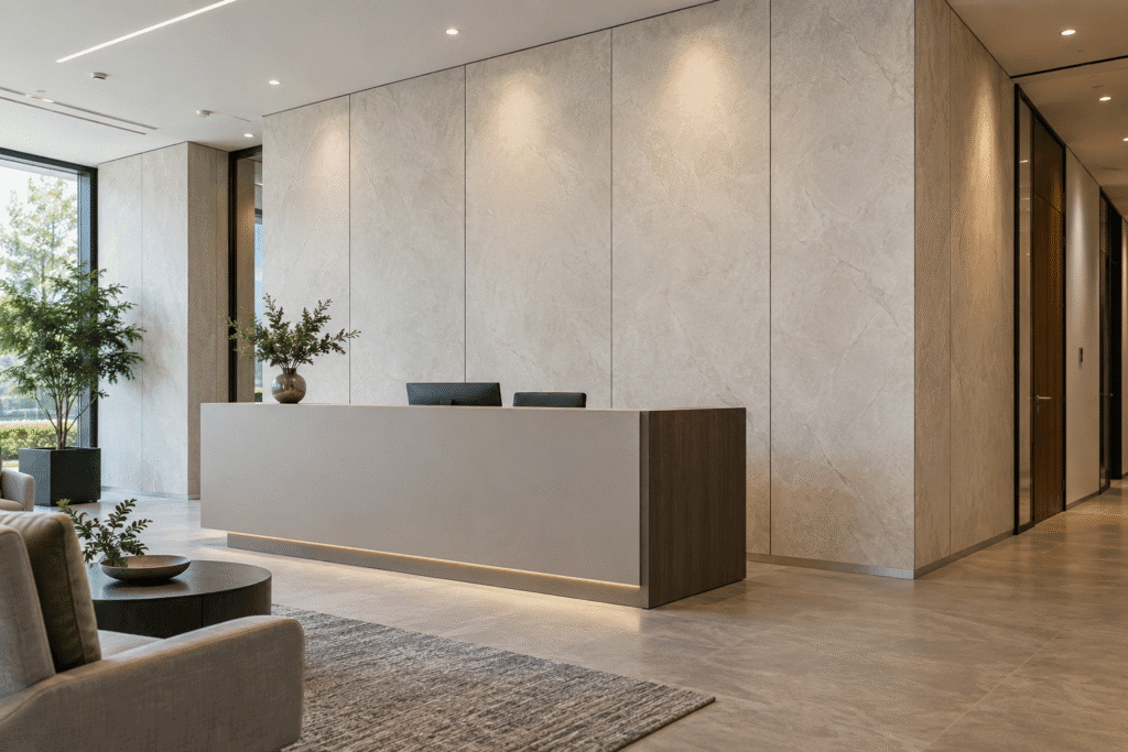 Light stone-look SPC wall panels with vertical joints behind a finished commercial reception counter