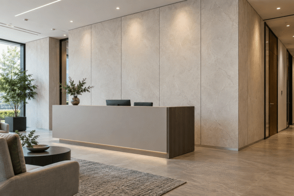Light stone-look SPC wall panels with vertical joints behind a finished commercial reception counter