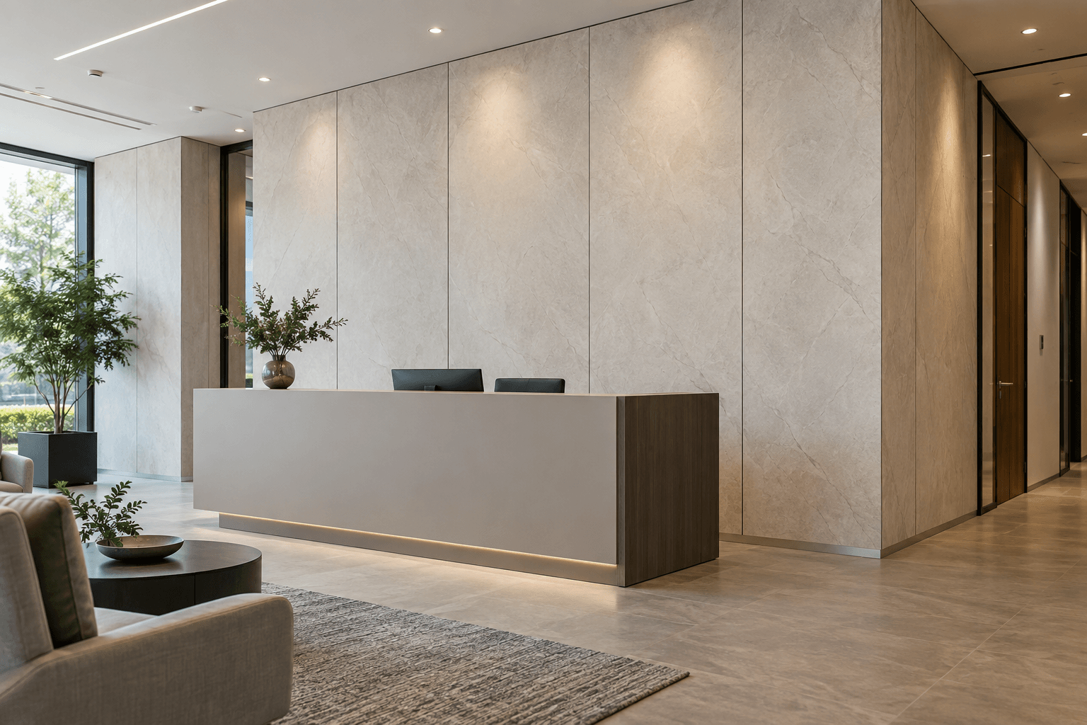 Light stone-look SPC wall panels with vertical joints behind a finished commercial reception counter