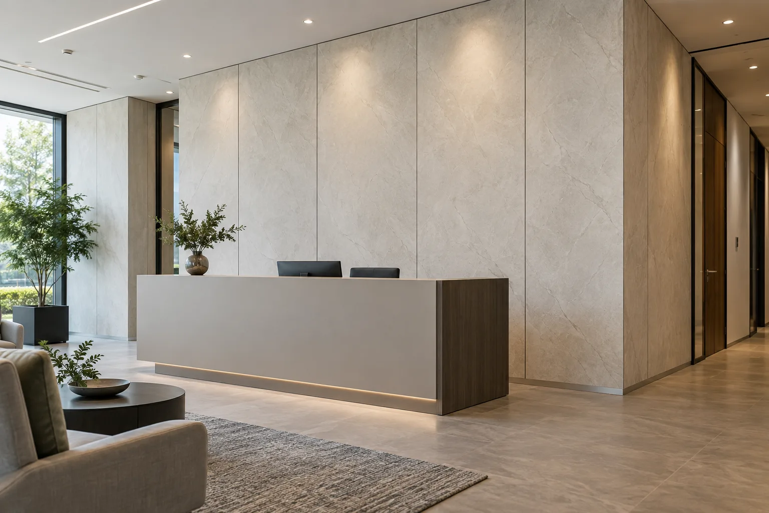 Light stone-look SPC wall panels with vertical joints behind a finished commercial reception counter