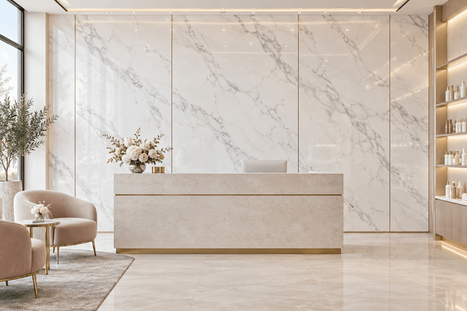 White and grey marble-look UV wall sheets behind a beauty retail reception desk