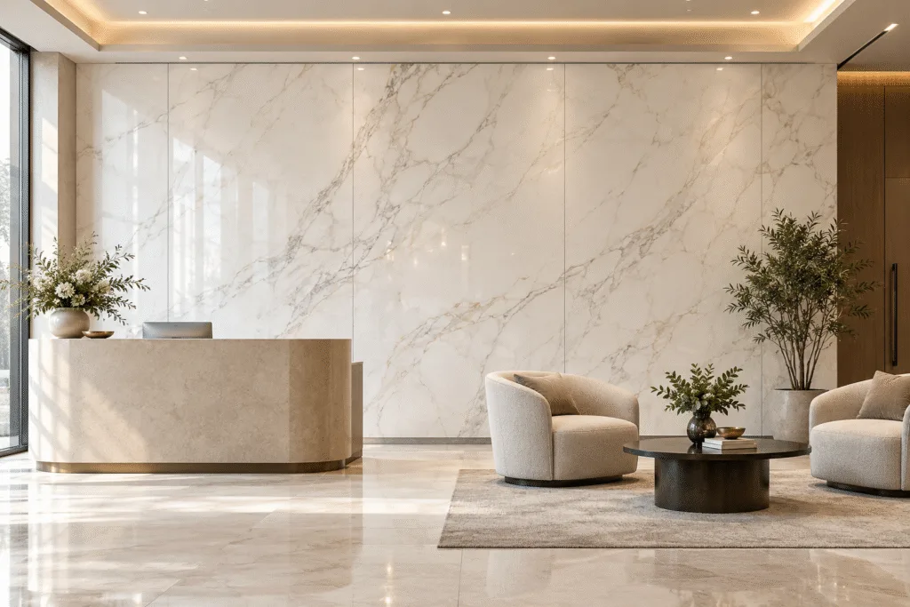 Glossy white UV marble sheets with fine gray and warm veins form a large feature wall behind a reception desk and lounge seating