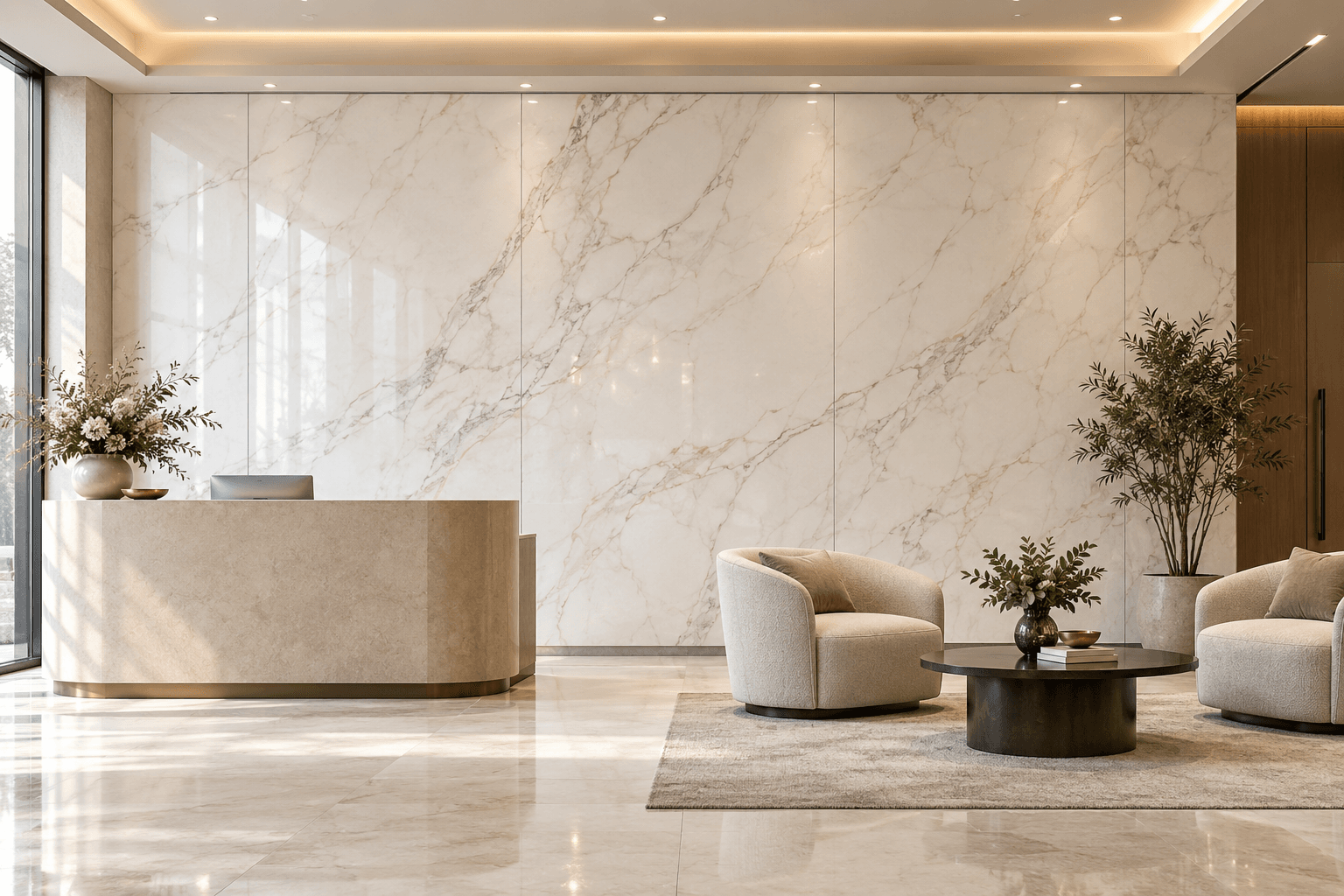 Glossy white UV marble sheets with fine gray and warm veins form a large feature wall behind a reception desk and lounge seating