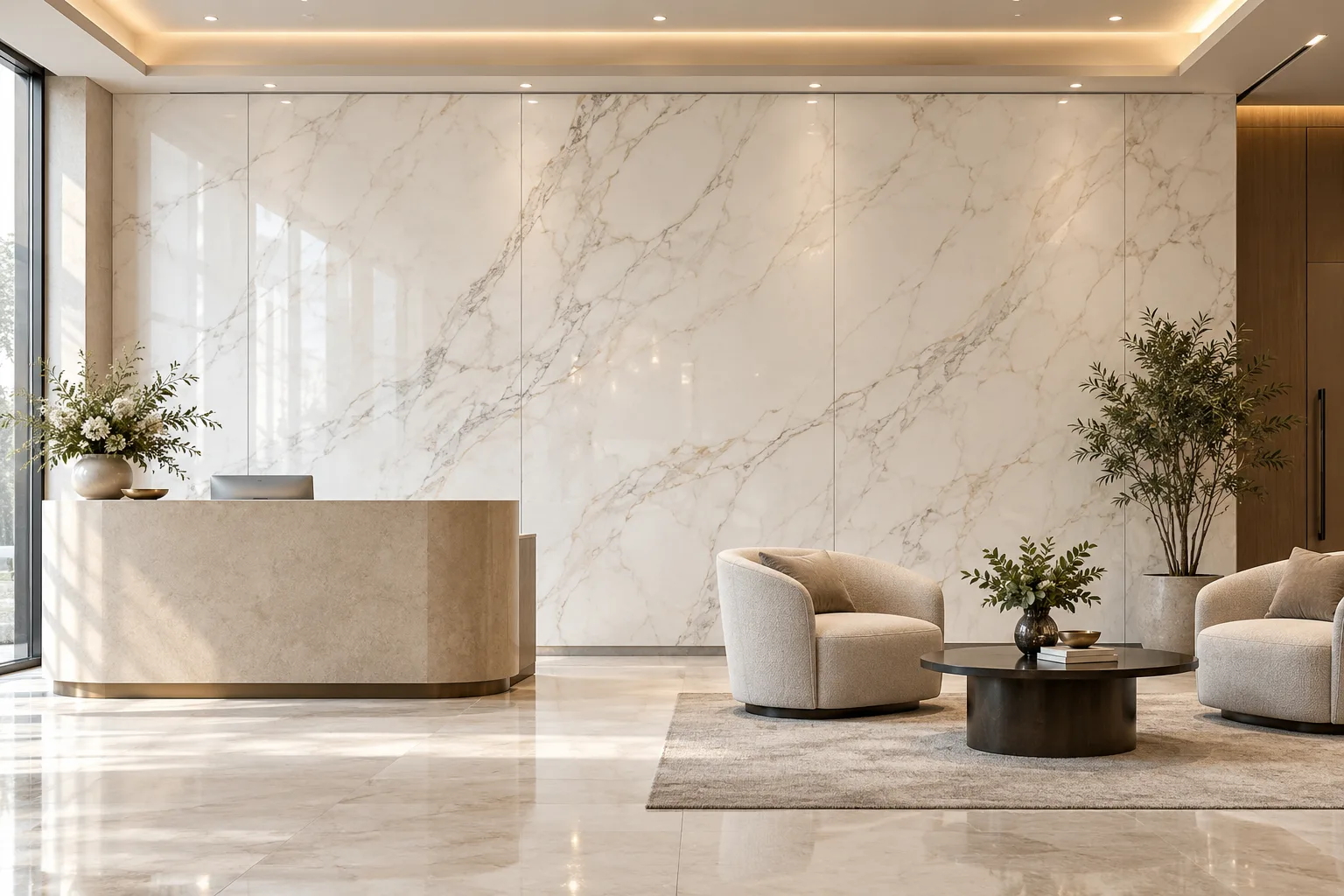 Glossy white UV marble sheets with fine gray and warm veins form a large feature wall behind a reception desk and lounge seating