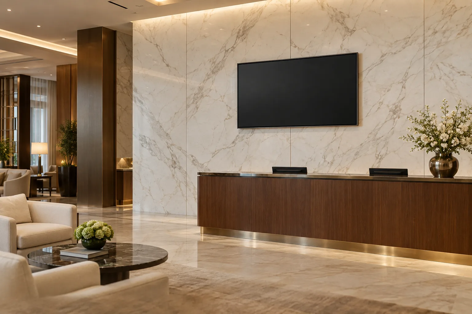 Ivory marble-look UV marble sheets with gold veining behind a blank wall-mounted screen and walnut reception desk