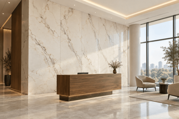 Ivory marble-look UV sheets on a corporate reception wall behind a walnut desk beneath a separate plain white ceiling