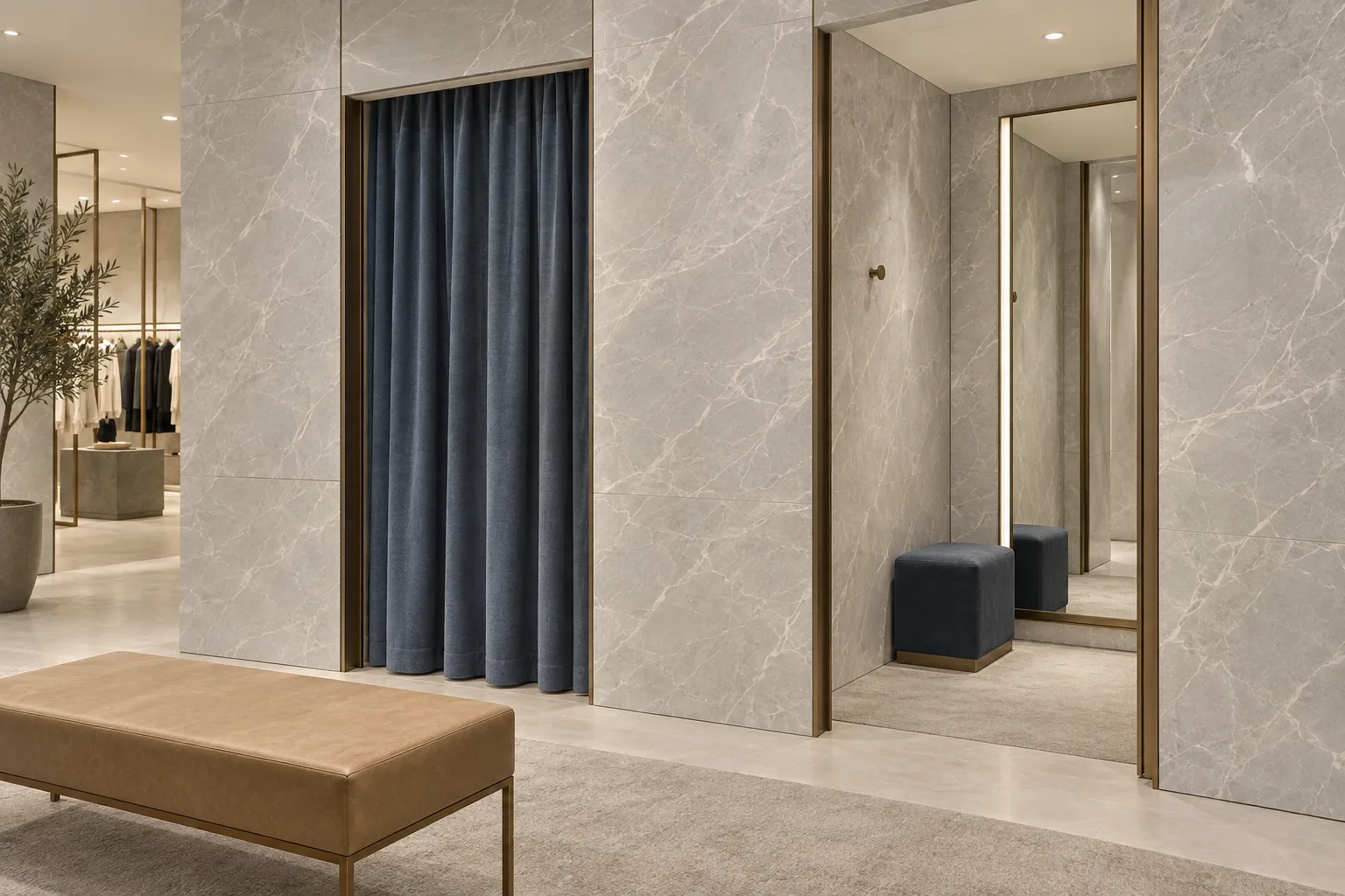 Gray marble-look UV marble sheets around retail fitting room mirror bays with blue curtains and a tan bench.
