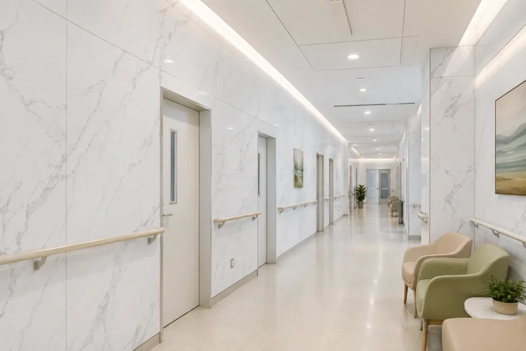 White UV marble sheets with gray veining along a healthcare corridor with handrails and waiting seats