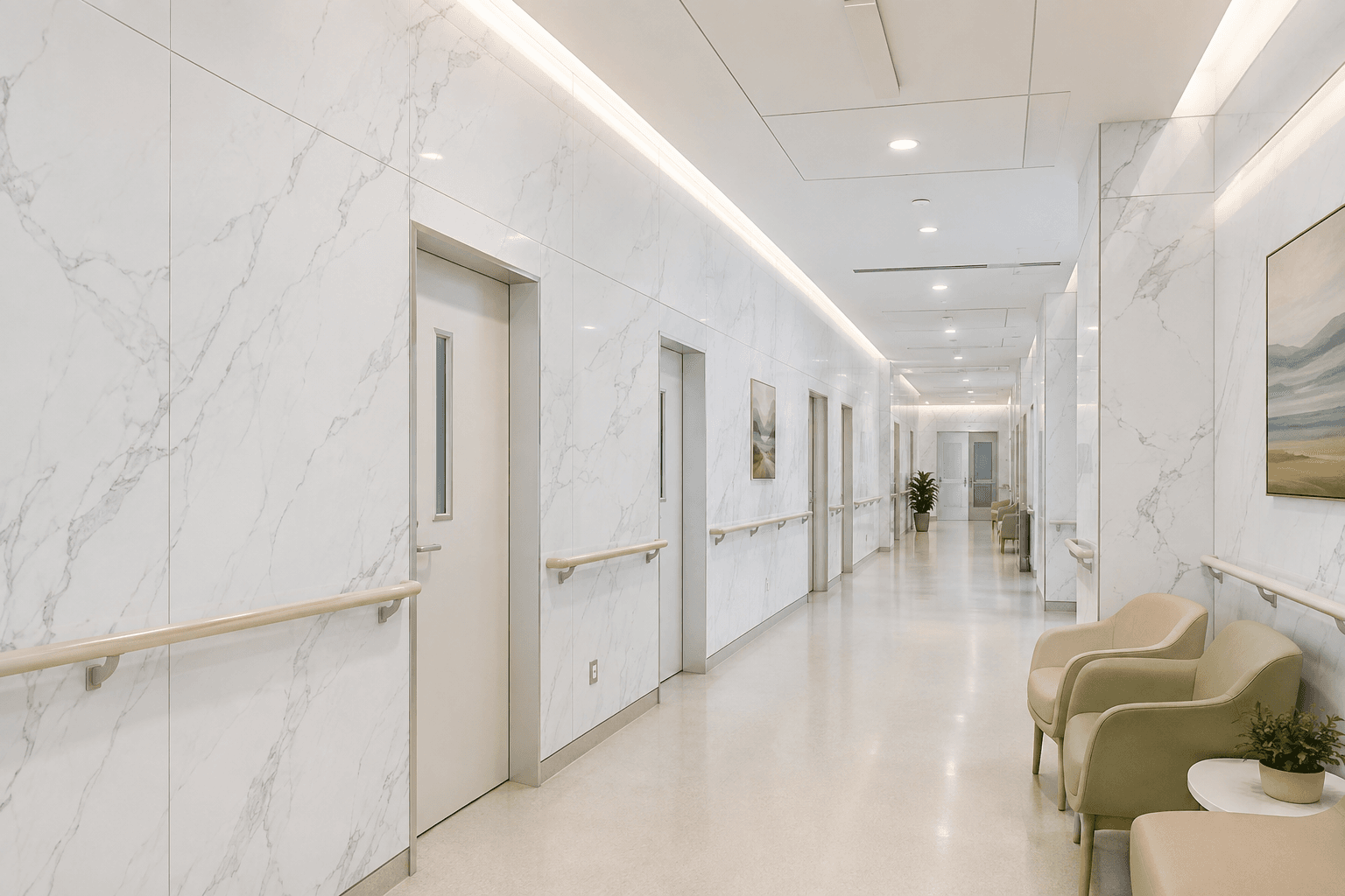 White UV marble sheets with gray veining along a healthcare corridor with handrails and waiting seats