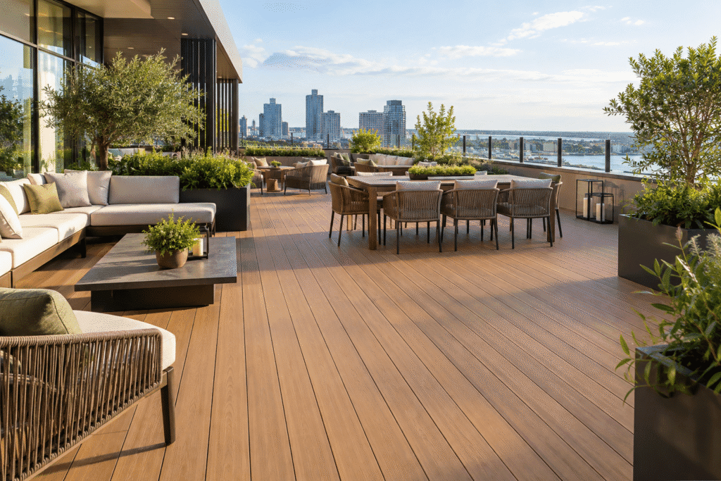 Warm wood-look WPC decking across a furnished hotel rooftop terrace with dining tables, lounge seating and city views