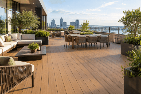 Warm wood-look WPC decking across a furnished hotel rooftop terrace with dining tables, lounge seating and city views