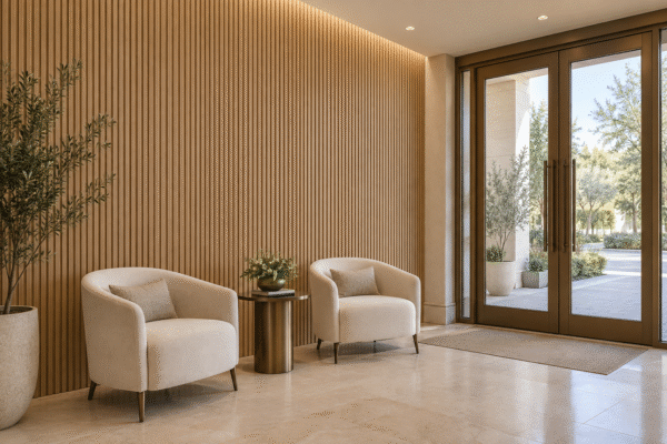 WPC Wall Panels in a Finished Enclosed Hotel Vestibule Light oak-look fluted WPC wall panels with two cream chairs beside closed glass doors in an enclosed hotel vestibule