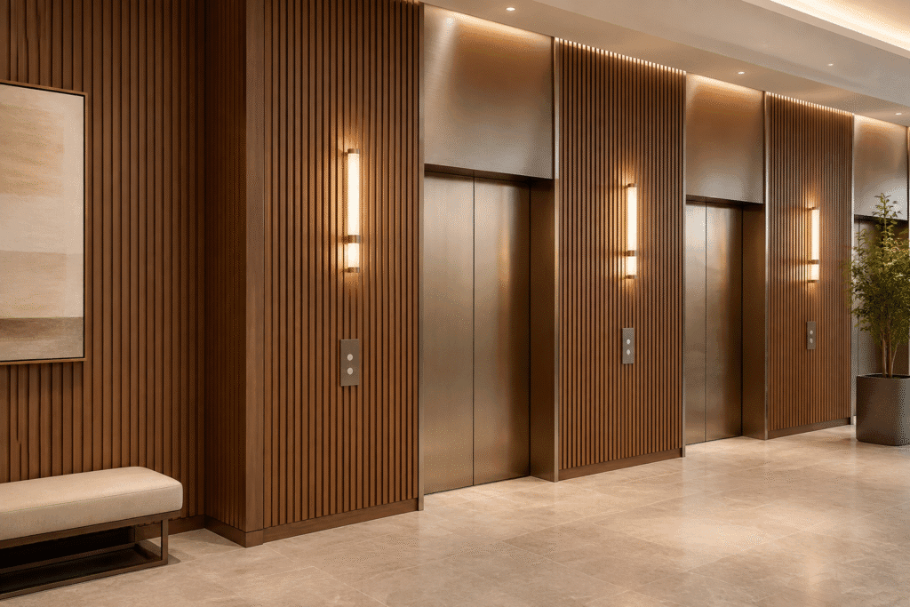 Walnut look fluted WPC wall panels surrounding metal elevator doors in a hotel lobby