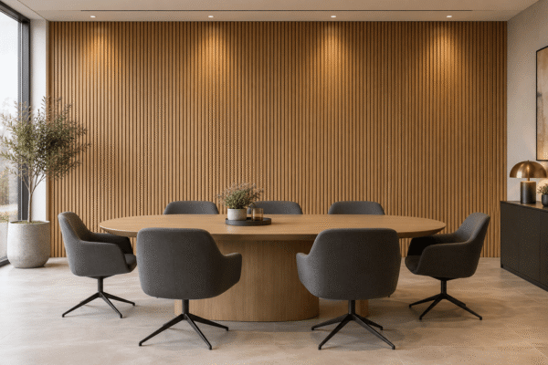 Oak-tone fluted interior WPC wall panels behind an oval conference table and charcoal chairs in a finished meeting suite